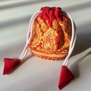 Red velvet painted drawstring small pouch - Indian